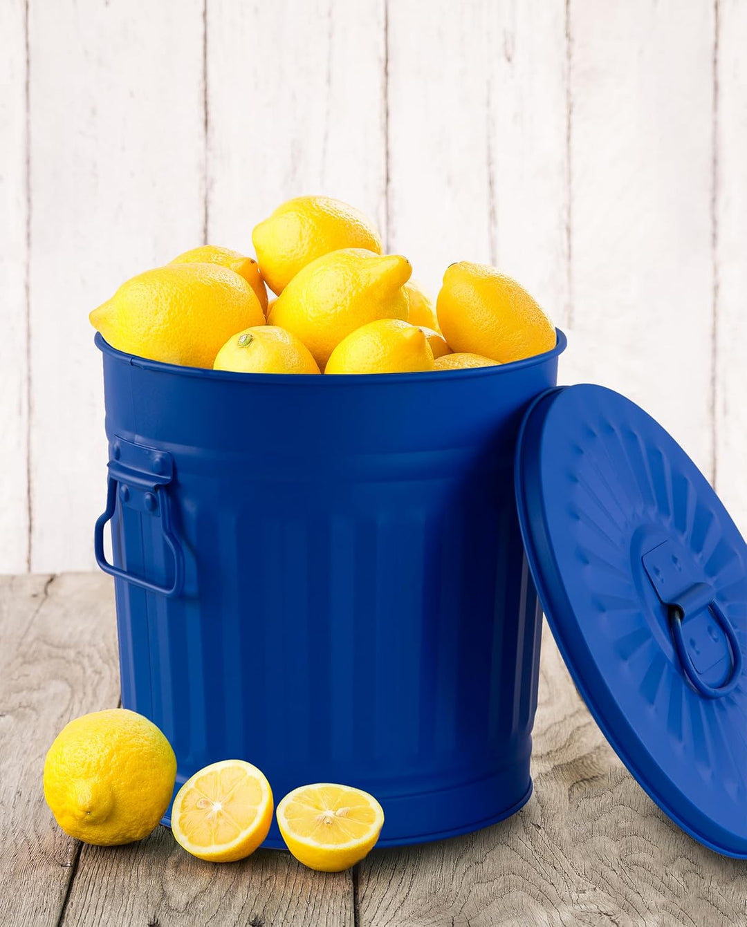 Kinderzimmer Mülleimer kleiner Metalleimer mit Deckel retro | Blau | Ø 21,5 cm, Höhe 21,5 cm, 7 Lite