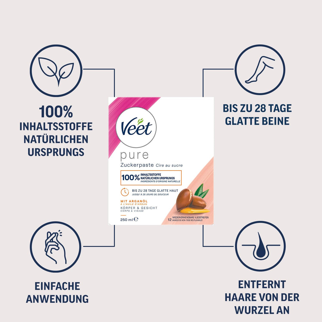 Veet Pure Zuckerpaste mit Arganöl - Sugaring Paste für die Haarentfernung an Körper & Gesicht - 1 x