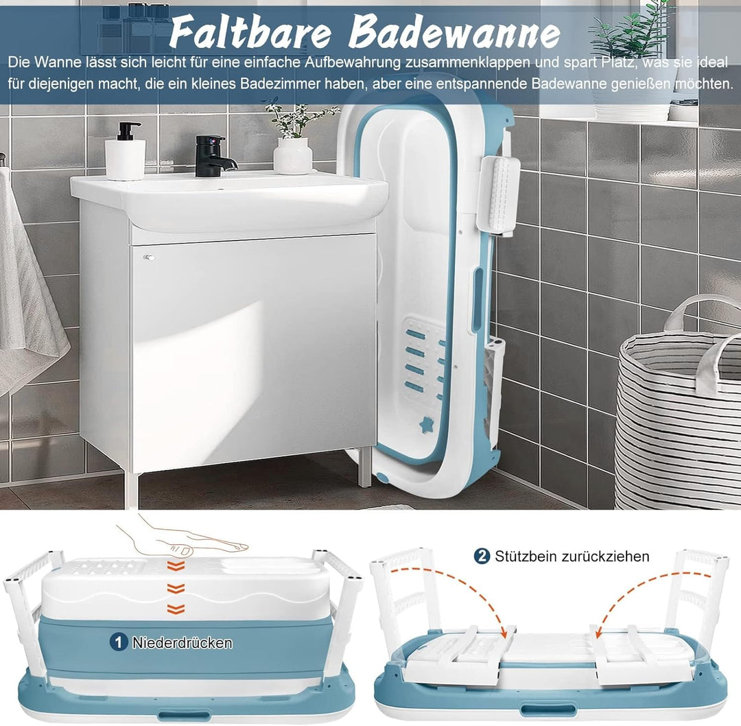 Faltbare Badewanne für Erwachsene, 128x62x52 cm Mobile Klappbadewanne, Ideal für Kleine Badezimmer,
