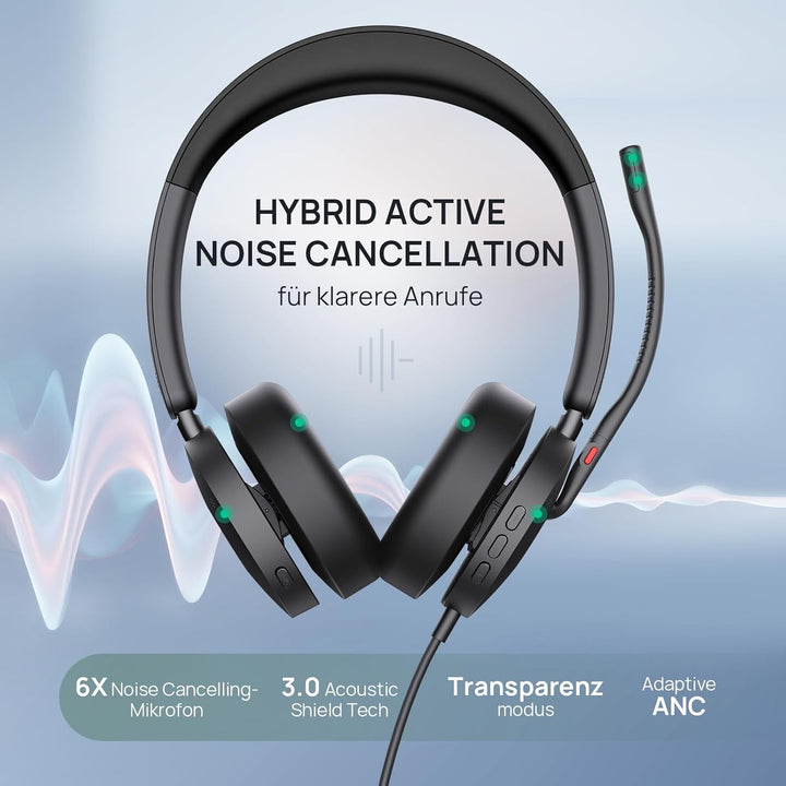 Yealink UH48 ANC Kabelgebundenes USB Headset mit 4 Noise Cancelling Mikrofone Hybrid ANC PC Headset