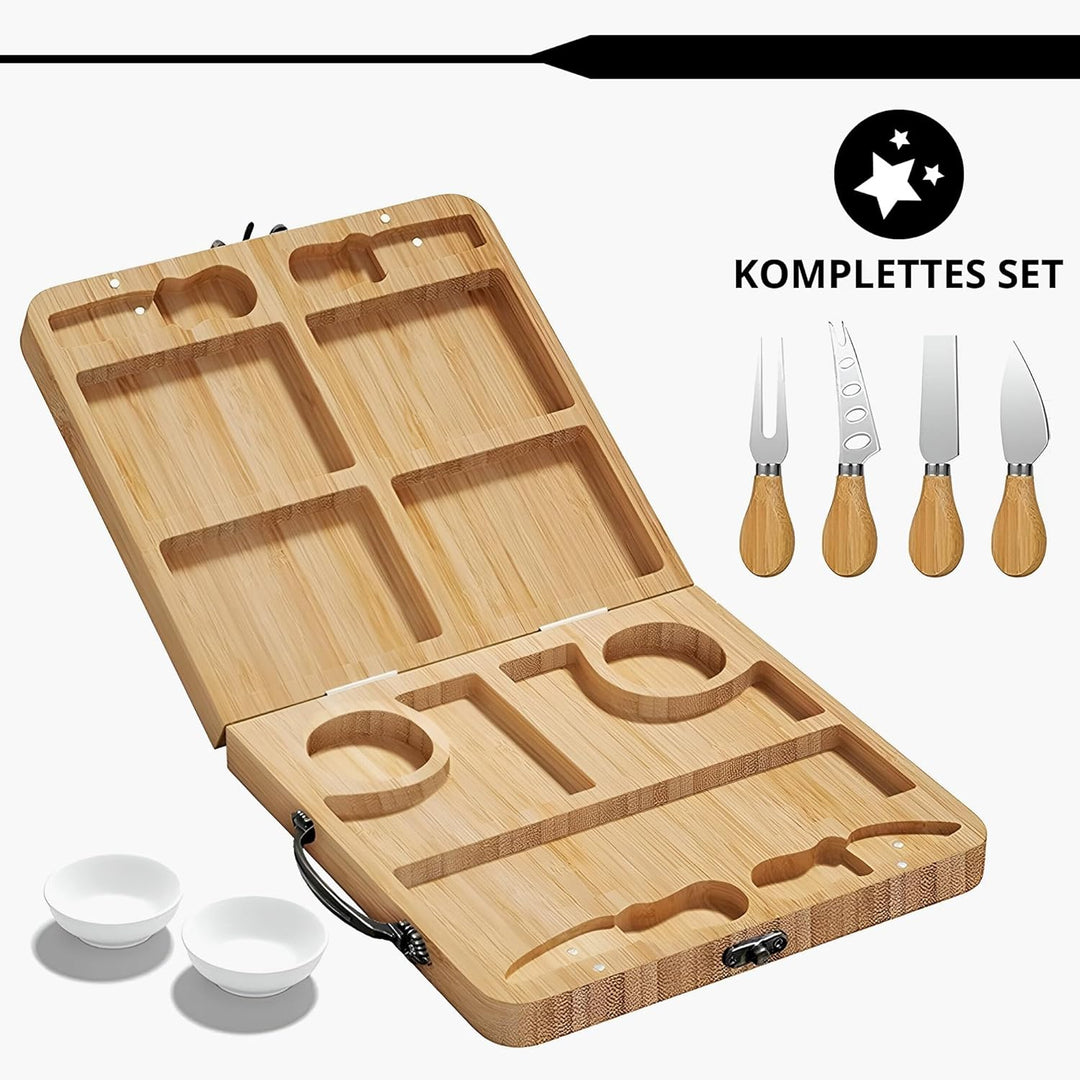 Käseplatte Bambus Set, Grosse Servierplatte mit 4 Käsemessern & 2 Schälchen, Klappbares Käsebrett &