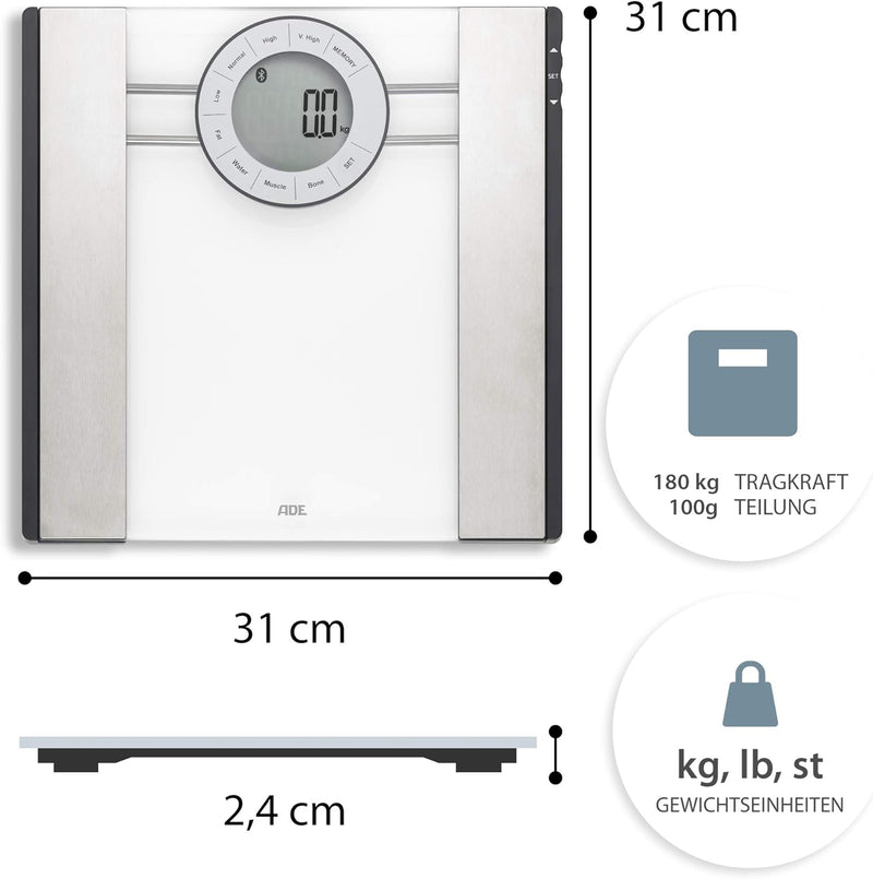 ADE Körperfettwaage BA 1601 digitale Personenwaage mit Körperfettanalyse, Körperanalysewaage mit Kör