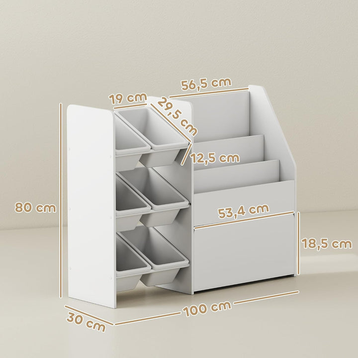 AIYAPLAY Kinderregal, Kinder-Bücherregal mit 6 herausnehmbaren Aufbewahrungsboxen, Bücherablagen, ro