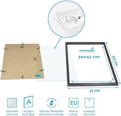 PHOTOLINI 6er Set Holzrahmen Schwarz aus Massivholz Schmal 2x 30x42 cm/DIN A3 und 4x 21x30 cm/DIN A4