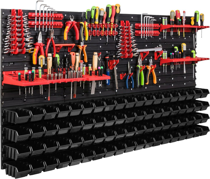 Lagersystem Werkstattregal | 156 x 78 cm | 76 stck. Box | Wandregal mit Werkzeughalterungen und Stap