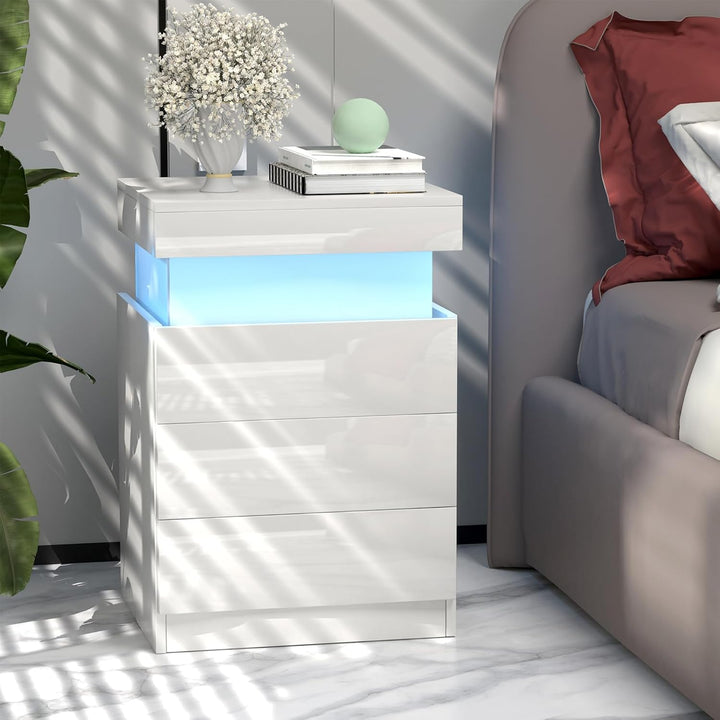 2er Set Nachttisch LED mit Steckdose, Nachtschrank mit Led Licht, Nachtkommode mit 3 Schubladen und