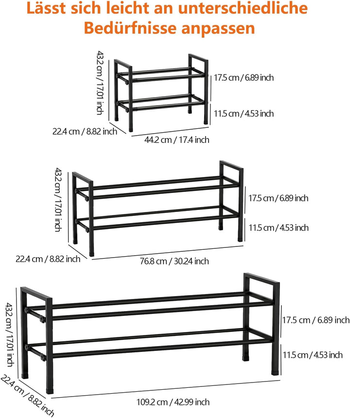 Ausziehbares Schuhregal Schmal, 2 Ebenen Adjustable Metall Schuhaufbewahrung 44 to 109 cm, Freistehe