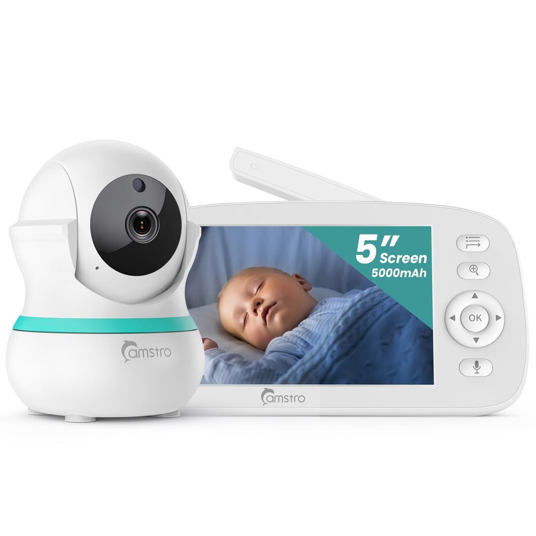 Babyphone mit Kamera, 5000 mAh Akku mit 5 Zoll Bildschirm, 355° Schwenken- 4X-Digital-Zoom, Babyfone