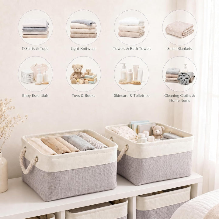 Grosse Aufbewahrungsbox 4er Set, Canvas Stoff Aufbewahrungskörbe mit Griffen für Schränke, Kleidersc