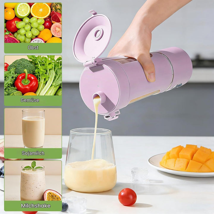 Tragbarer Mixer Smoothie Maker, 700 ml Kleiner Entsafter, Typ-C Wiederaufladbar, mit 12 Rostfreien K
