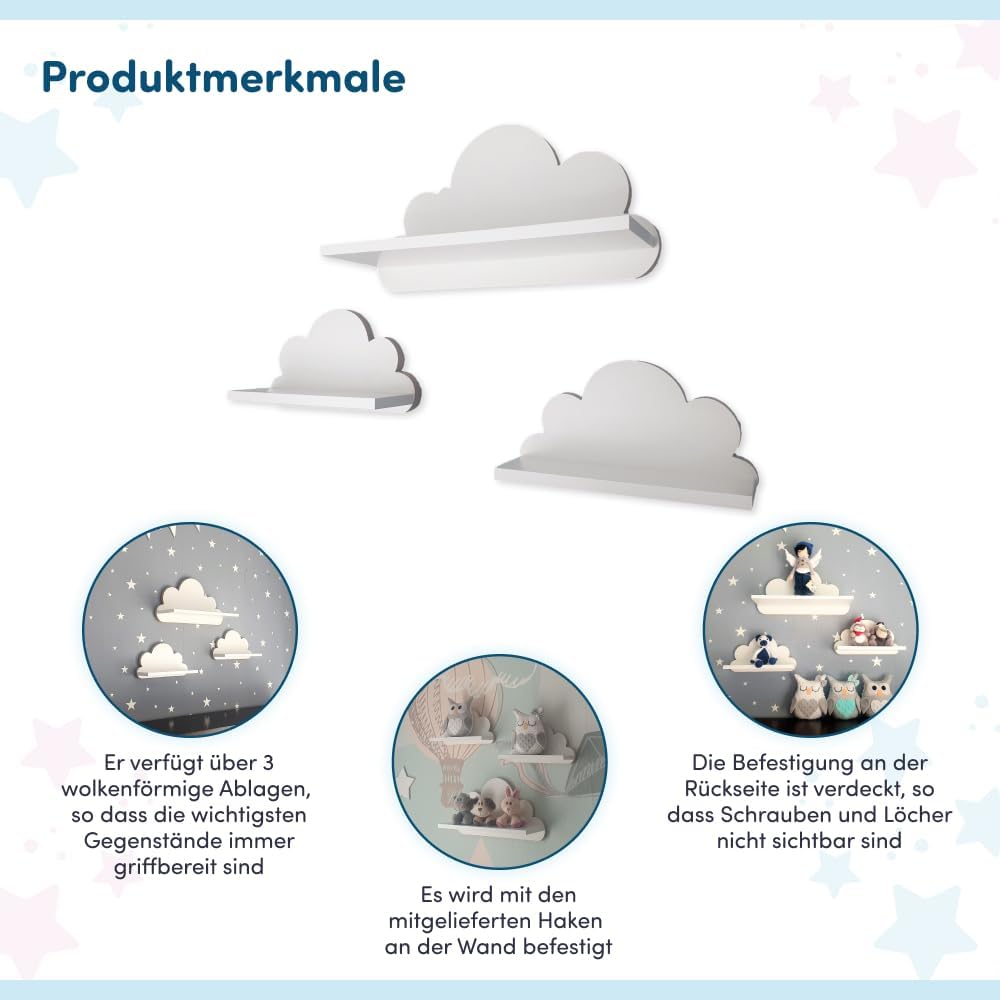 3er Set Wandregal Kinderzimmer Weiss | Babyzimmer Wolkenregal für Bücher, Spielzeug, Dekoration | Re