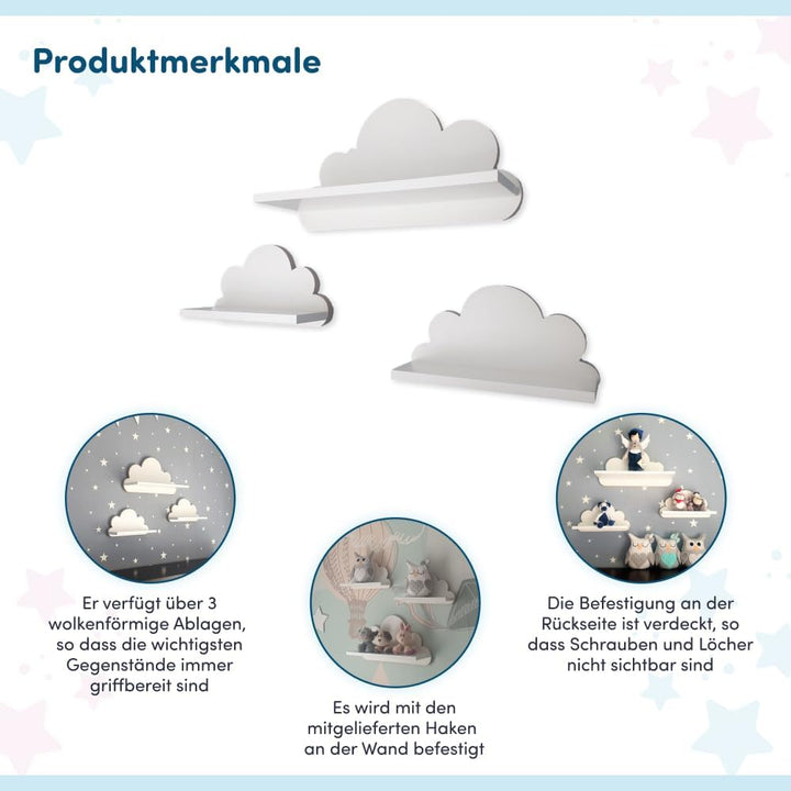 3er Set Wandregal Kinderzimmer Weiss | Babyzimmer Wolkenregal für Bücher, Spielzeug, Dekoration | Re