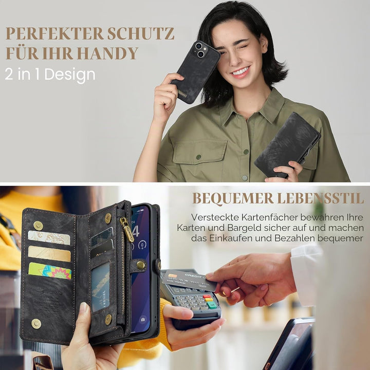 UFinetech für iPhone 15 Hülle, Flip Leder TPU Stossfest Kartenfach Tasche Handyhülle für iPhone 15,