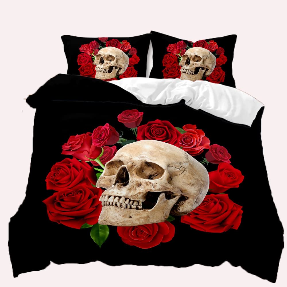 TULTOAP Bettwäsche 135x200 3D-Druck Blumen und Schädel Bettbezug Rose Totenkopf Bettwäsche Gothic Be