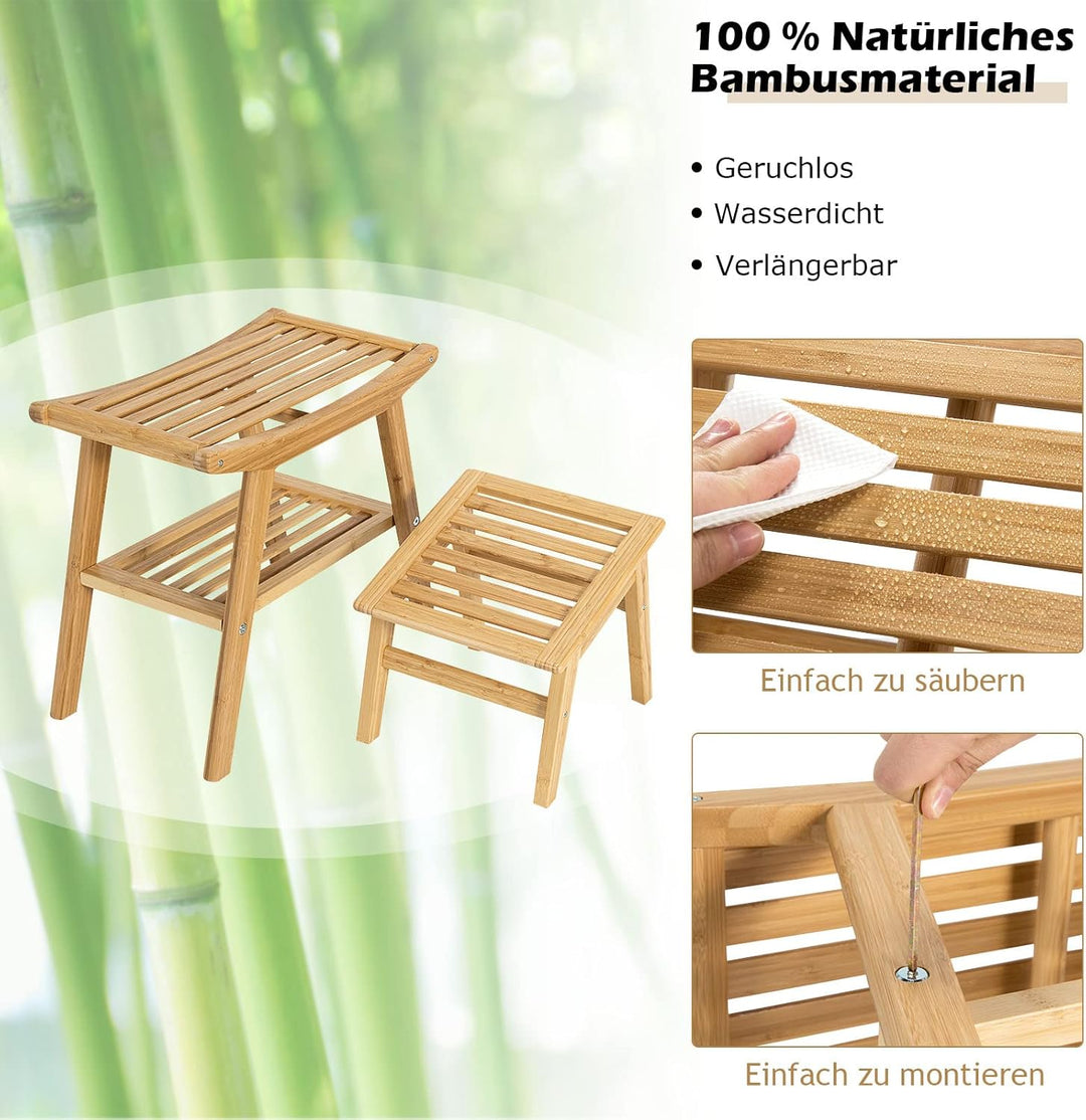 COSTWAY Duschbank mit Fusshocker, Duschhocker aus Bambus mit Ablagefach, Badhocker bis 150 kg belast