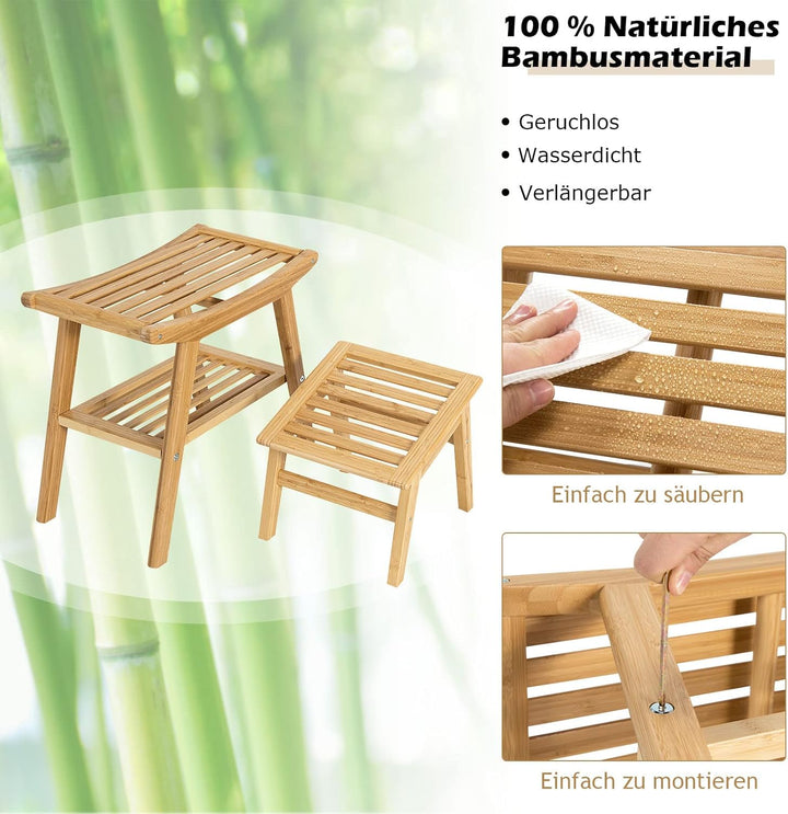 COSTWAY Duschbank mit Fusshocker, Duschhocker aus Bambus mit Ablagefach, Badhocker bis 150 kg belast