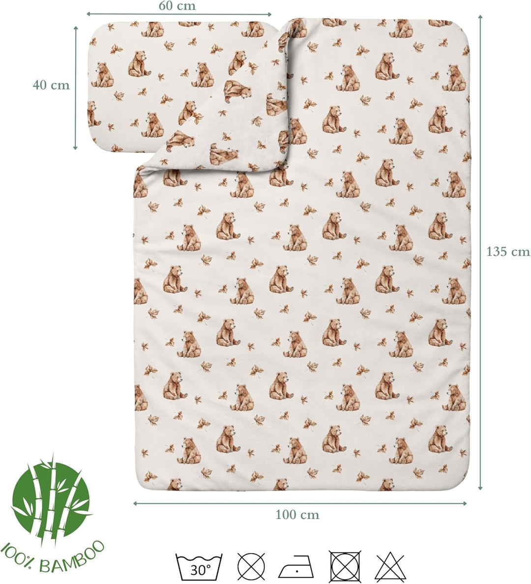 Waldin Baby Kinder Bettwäscheset 100% Bambus, ohne Bezug, Hypoallergen, Decke und Kissen, Bärchen/Be