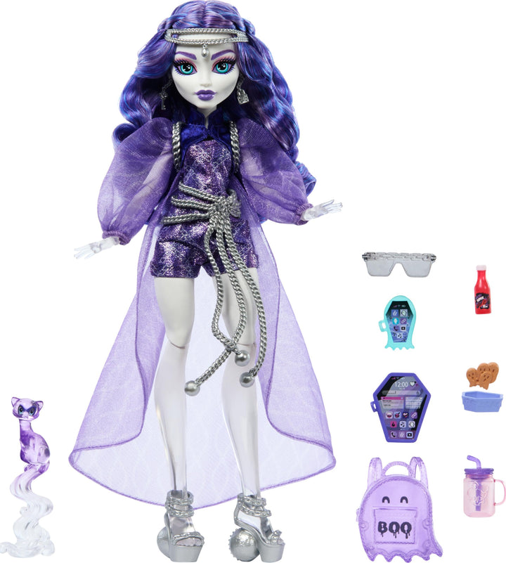 Monster High Spectra Vondergeist Puppe mit Frettchen Rhuen und Zubehörteilen wie Rucksack, Tablet, S