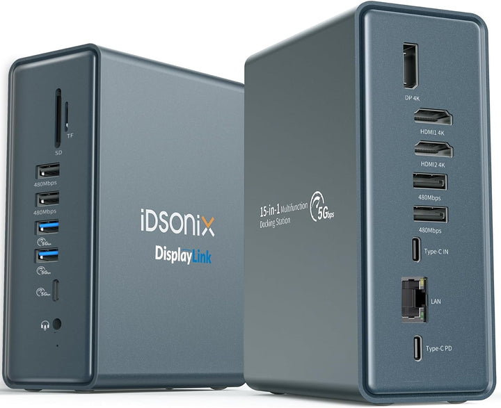 iDsonix USB C Docking Station 15 in 1, Unterstützt Dual-Screen with 2 HDMI 4K@60Hz, DP, USB 3.0/2.0,