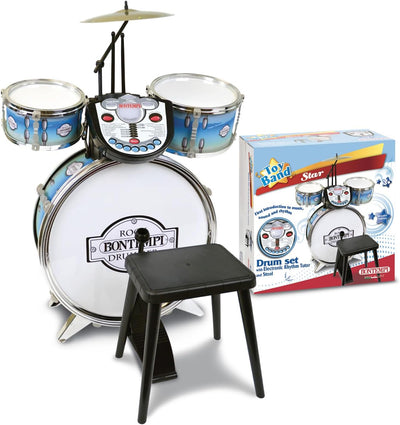 Bontempi 52 5692 – Batterie Metallic 4 Elemente conpartner elektronisch – mit Hocker und Drumsticks