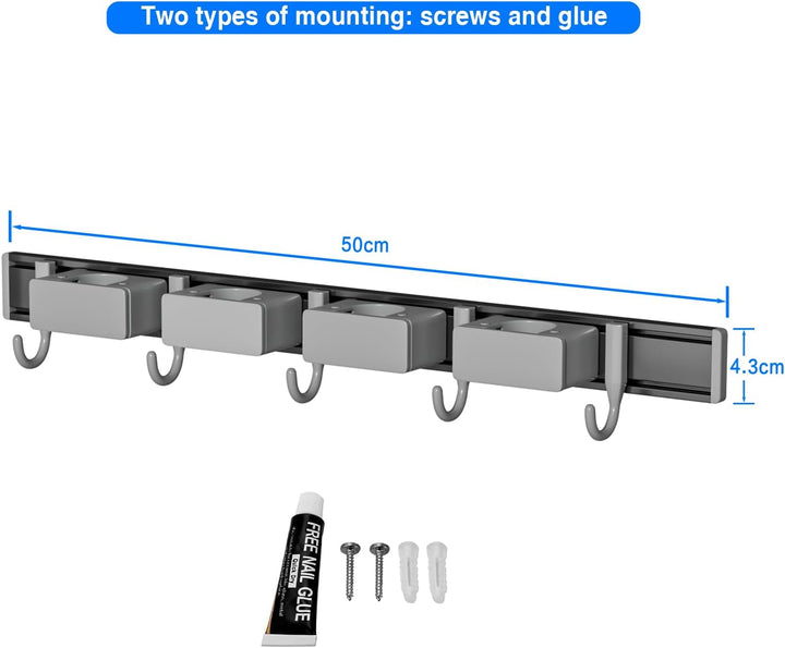 Besenhalterung Wand Ohne Bohren, Besenhalter mit 4 Halter und 5 Haken Beweglicher Wandhalterung Bese