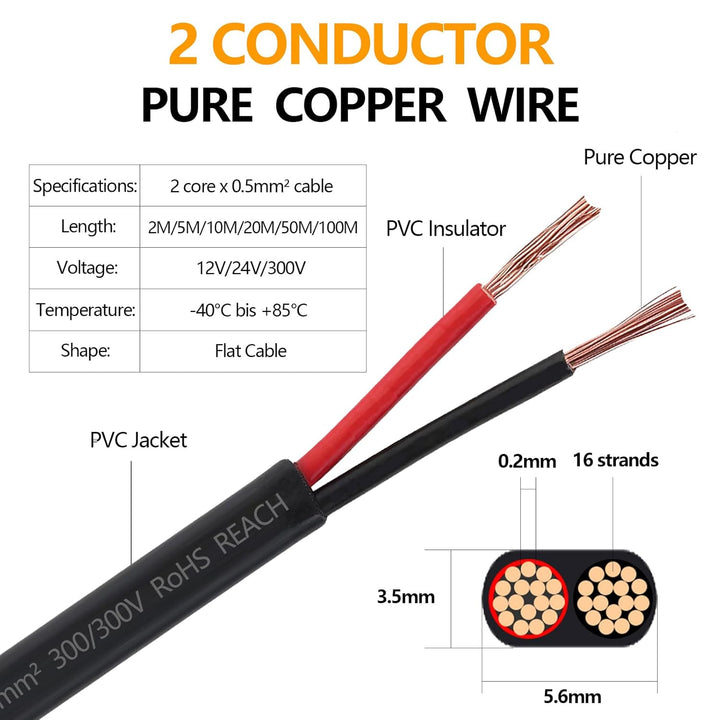 KFZ Kabel 2 Adrig 12V/24V Flach Fahrzeugleitung Kabel 2X 0,5mm² Fahrzeugkabel Rot/Schwarz Anhängerka