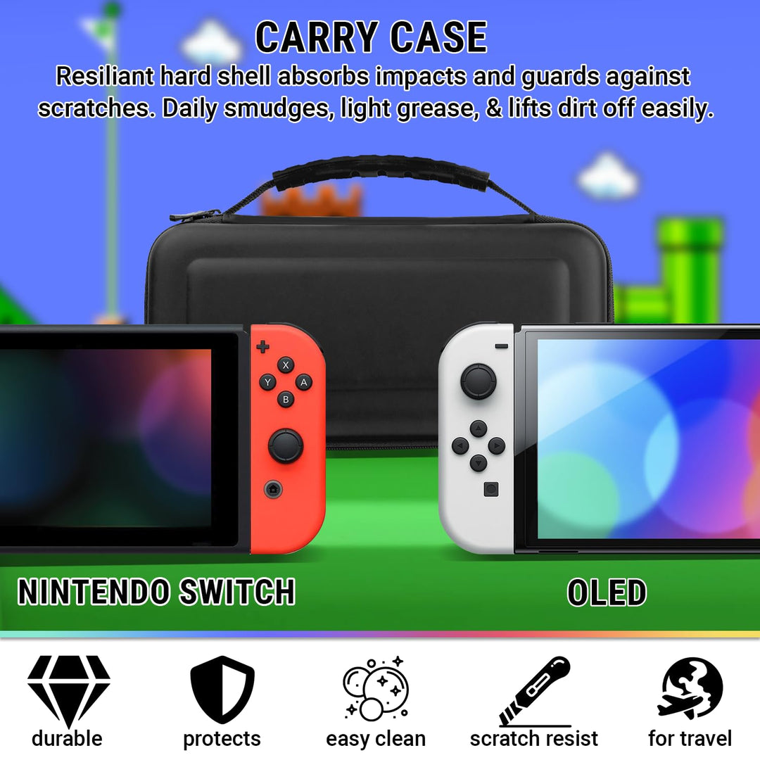 Orzly Switch Accessories Bundle Geek Pack for Nintendo Switch: Case & Screen Protector, Joycon Grips
