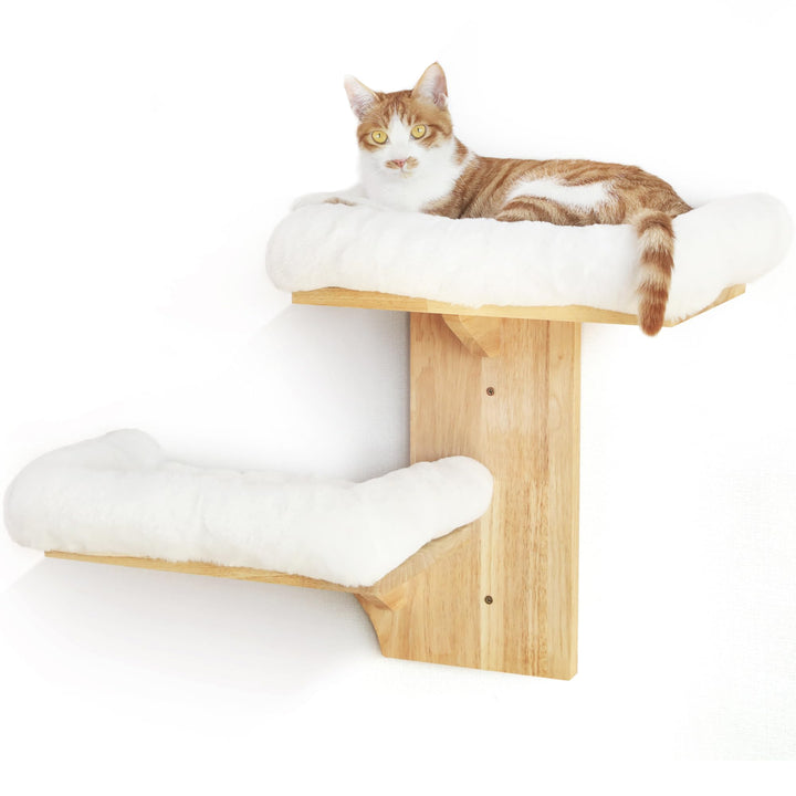 FUKUMARU Kletterwand Katze, 2 Plattform-Katzen-Wandmöbel aus Massives Gummiholz，40,6 cm Wandmontiert