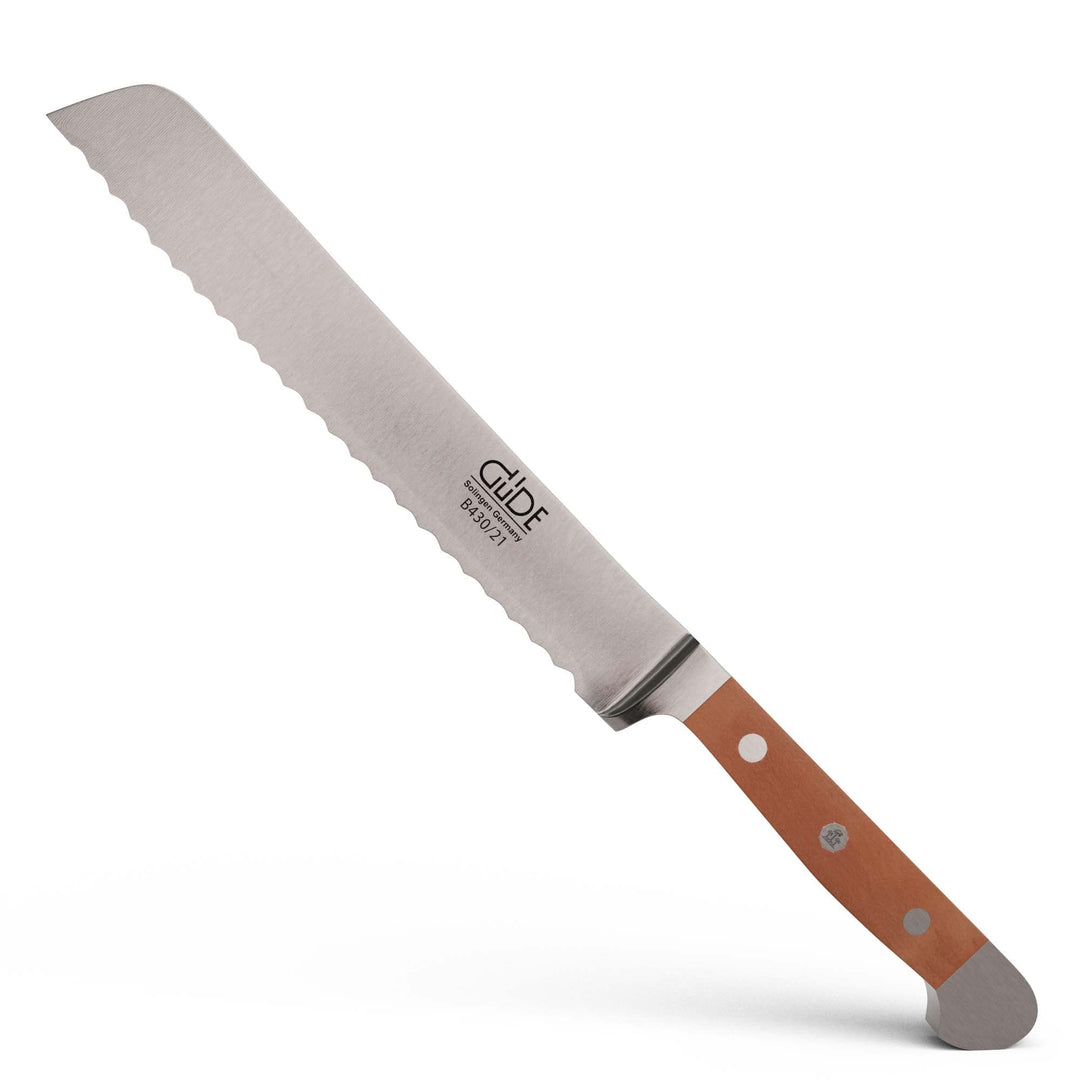 GÜDE Solingen - Brotmesser geschmiedet, 21 cm, Birnenholz, ALPHA BIRNE, Doppelkropf, Handmade German