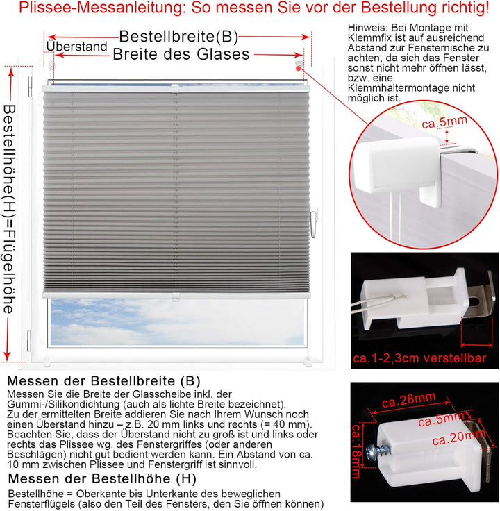 WOLTU Plissee ohne Bohren Klemmfix Faltrollo Jalousie Weiss 85x130cm (BxH), Plisseerollo Crushed Opt