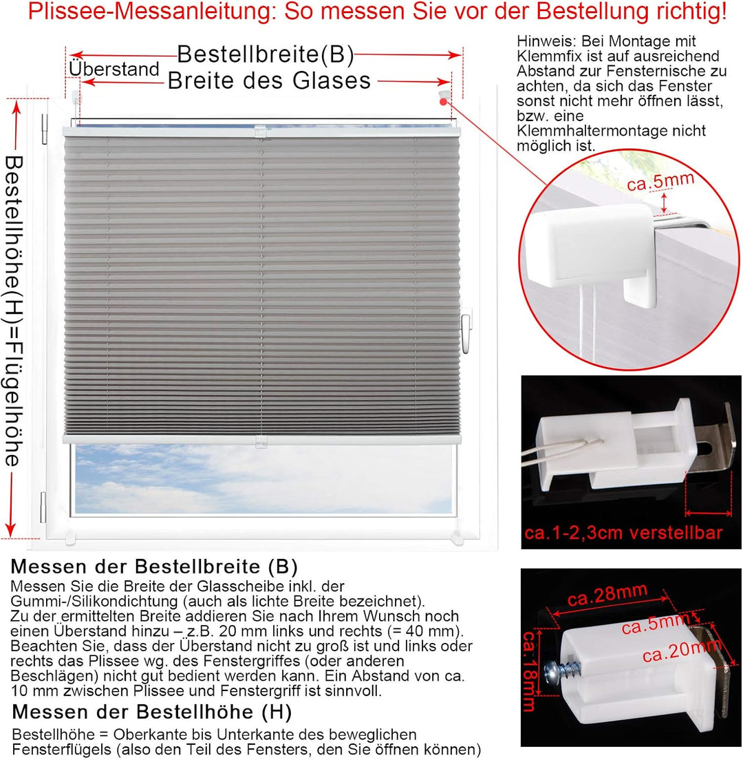 WOLTU Plissee ohne Bohren Klemmfix Faltrollo Jalousie Weiss 110x130cm (BxH), Plisseerollo Crushed Op