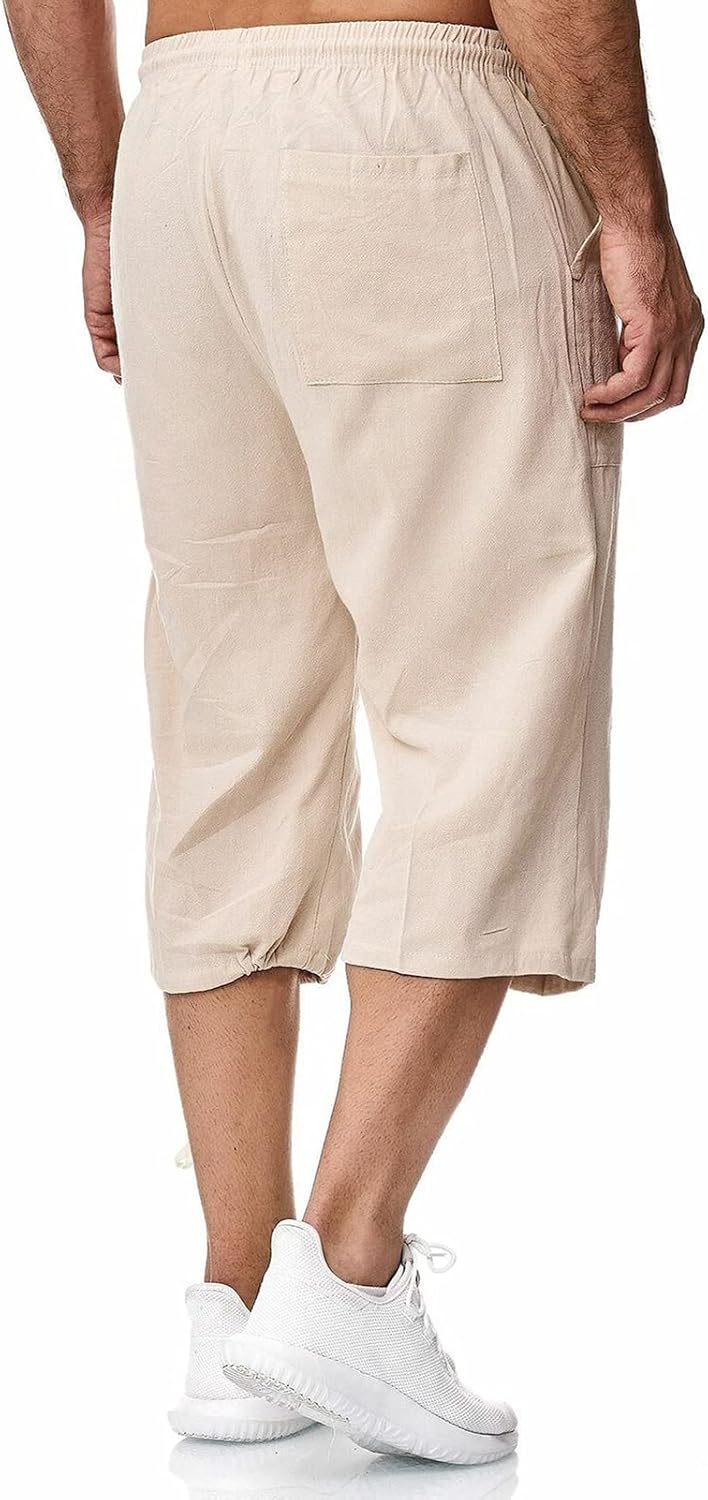 Herren Leinen-Shorts 3/4 Länge Hosen Sommerhose Strand Yoga Jogger Casual Sweatpants Khaki S, Khaki