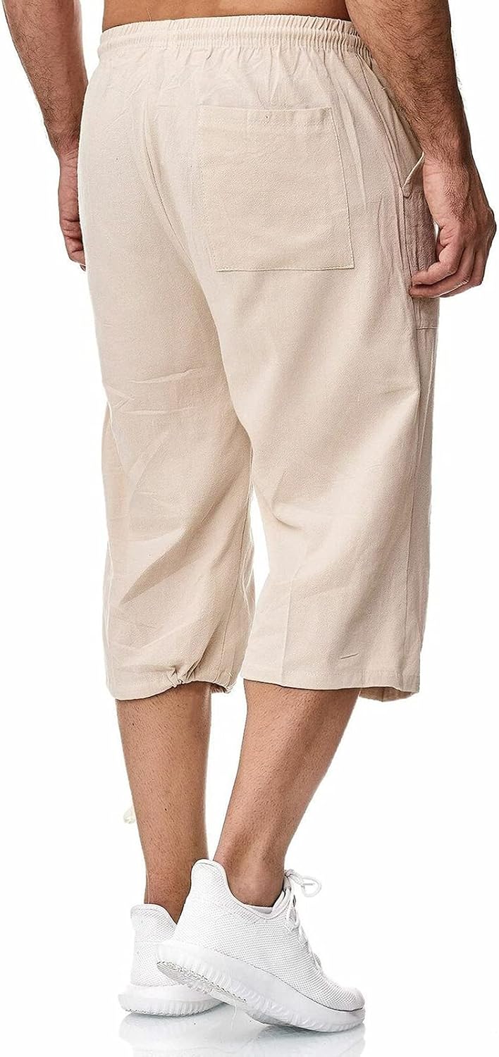 Remxi Herren-Shorts, 3/4-Leinen-Shorts, lockere Passform, Sommer, lässige Cargohose L Khaki, L Khaki