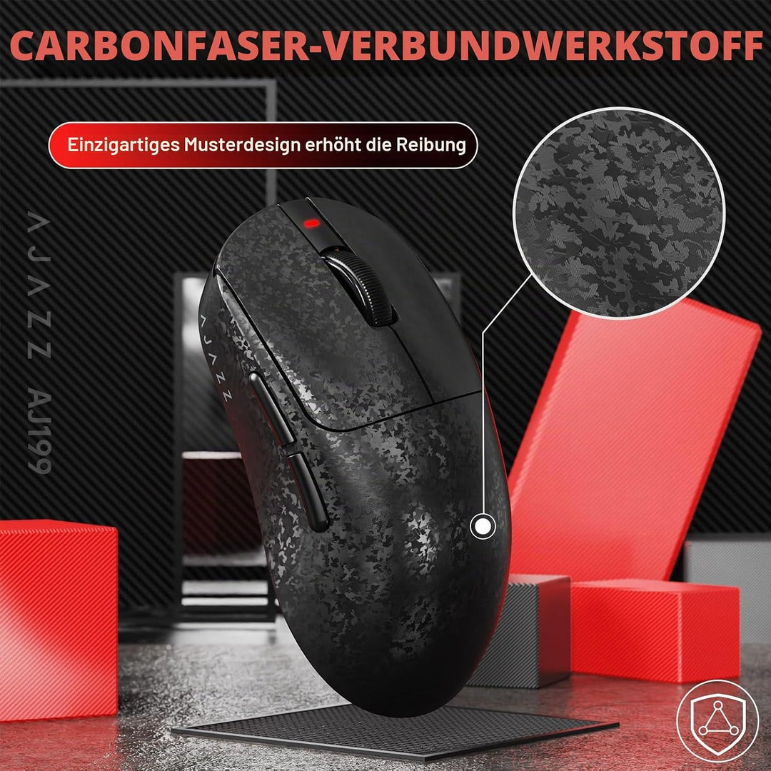 A.JAZZ AJ199 Carbonfaser-Gaming-Maus, Kabellos 2,4G/BT/USB-C Tri-Mode, Ultraleicht 55g, Optischer Pi