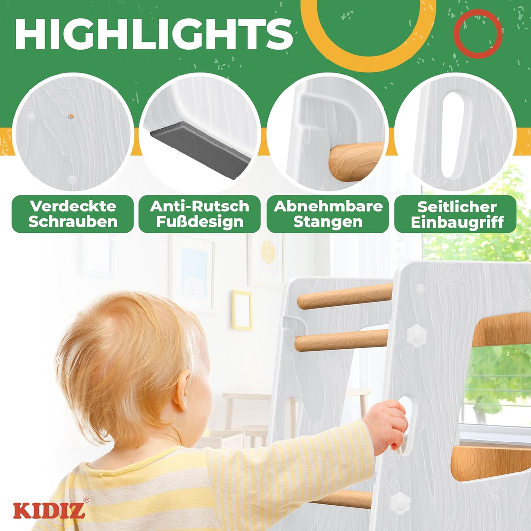 KIDIZ® Lernturm für Kinder ab 1 Jahr inkl. Lernuhr | 3-stufig Höhenverstellbarer Tritthocker aus Kie