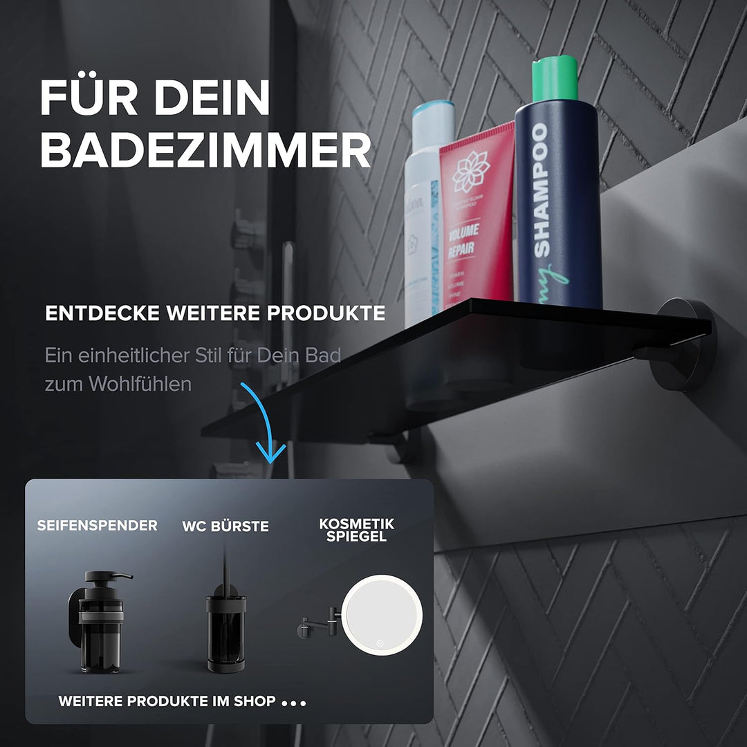 ovimar Badablage Flakstadoy | Edelstahl | schwarz matt | Glasablage zum Bohren | schwarz matt | häng
