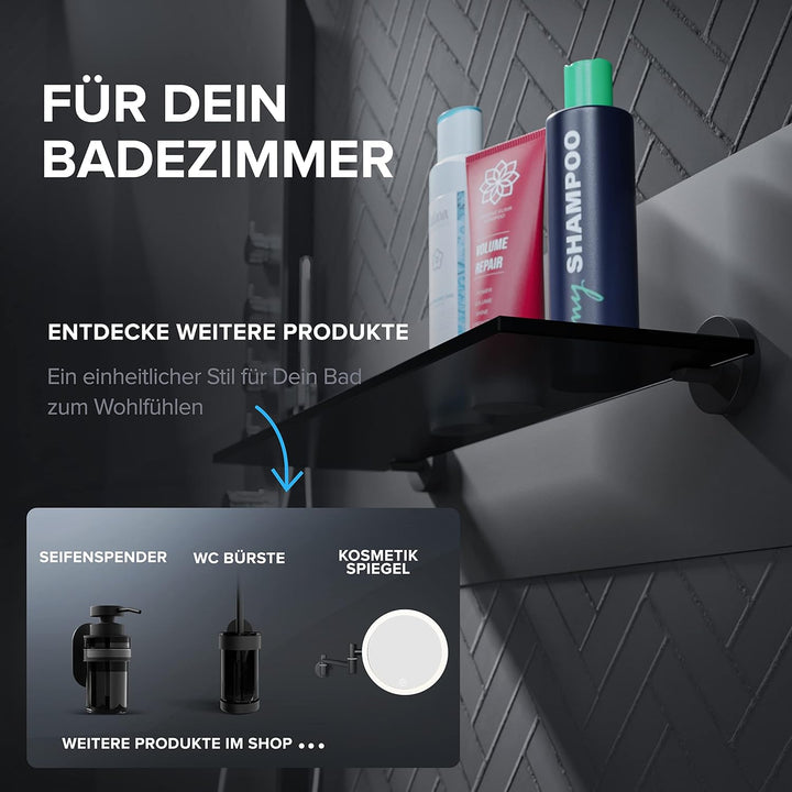 ovimar Badablage Flakstadoy | Edelstahl | schwarz matt | Glasablage zum Bohren | schwarz matt | häng
