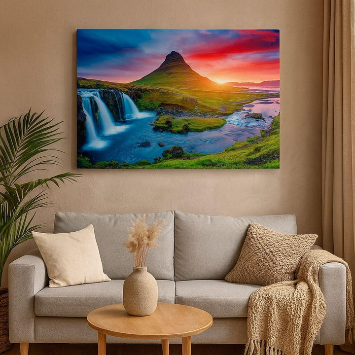 Bilder auf Leinwand 100x70cm Leinwandbild Sonnenuntergang Wasserfall Island Vulkan Gross Wanddeko Bi