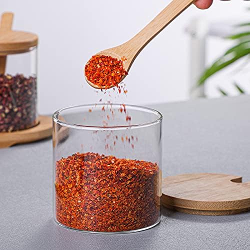 Gewürzbehälter 3er Set,300ml Gewürzgläser mit Löffel, Bambusdeckel und Base,Gewürzständer Glasgewürz