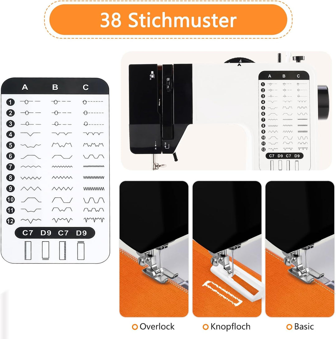 Nähmaschine für Anfänger, 38 Stichprogrammen Elektrische Nähmaschine, Tragbare Sewing Machine Mini m