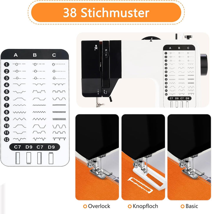 Nähmaschine für Anfänger, 38 Stichprogrammen Elektrische Nähmaschine, Tragbare Sewing Machine Mini m
