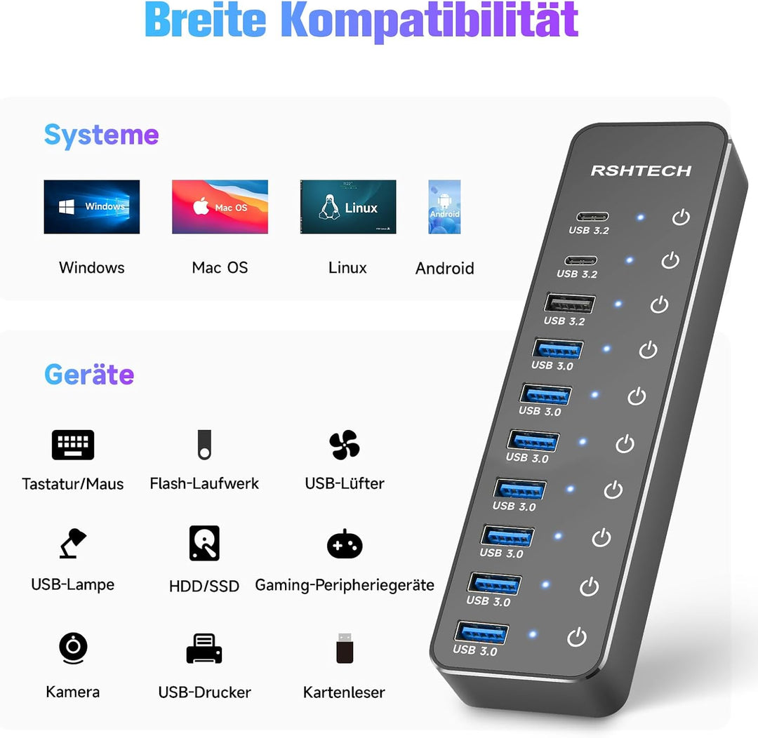 RSHTECH USB Hub 3.2 Aktiv mit Netzteil - Mit 3 10Gbps USB 3.2 und 7 5Gbps USB 3.0 - Insgesamt 10 Por