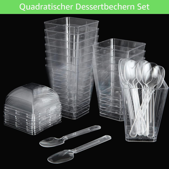 MIVIDE 100stk. Desserttassen mit Deckel und Löffeln, 150ml/5oz Dessertgläser Plastik, Quadratische D