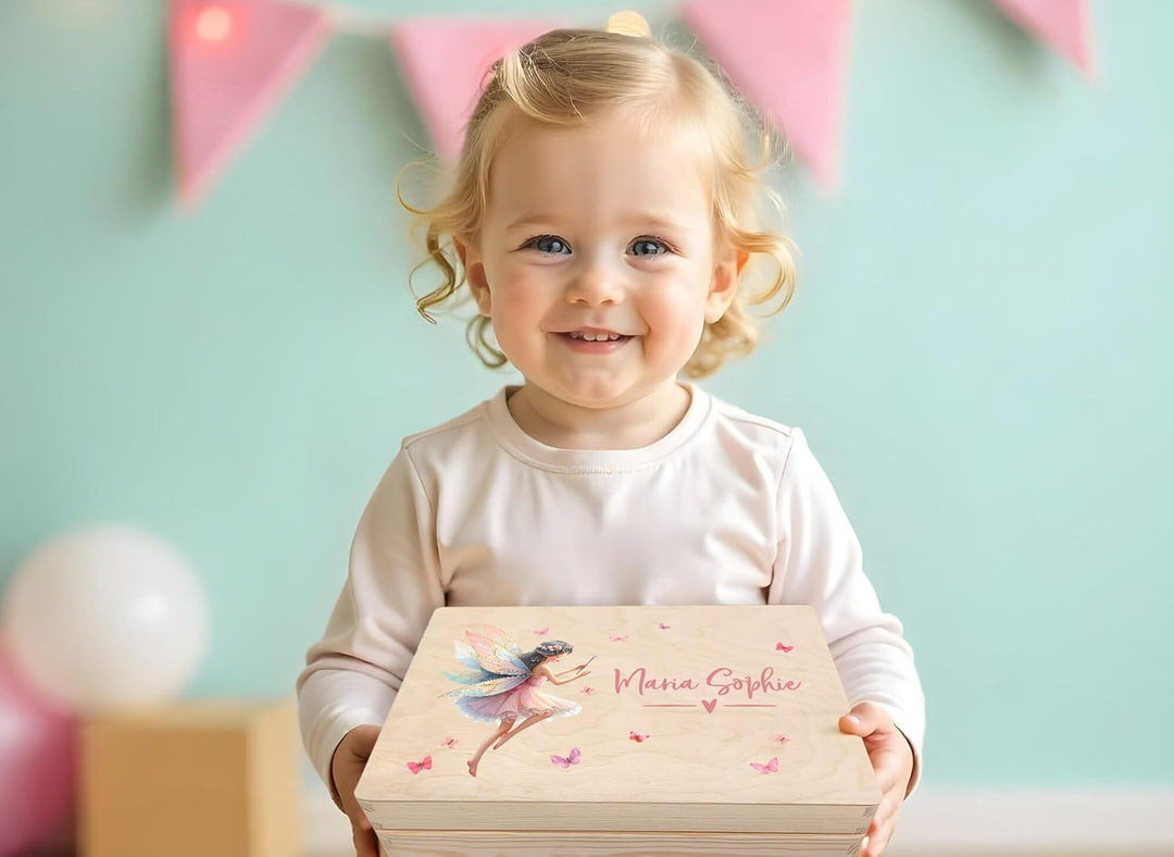 Little Deco Personalisierte Baby Erinnerungsbox mit Fee | L - 40 x 30 x 22 cm | Erinnerungskiste aus