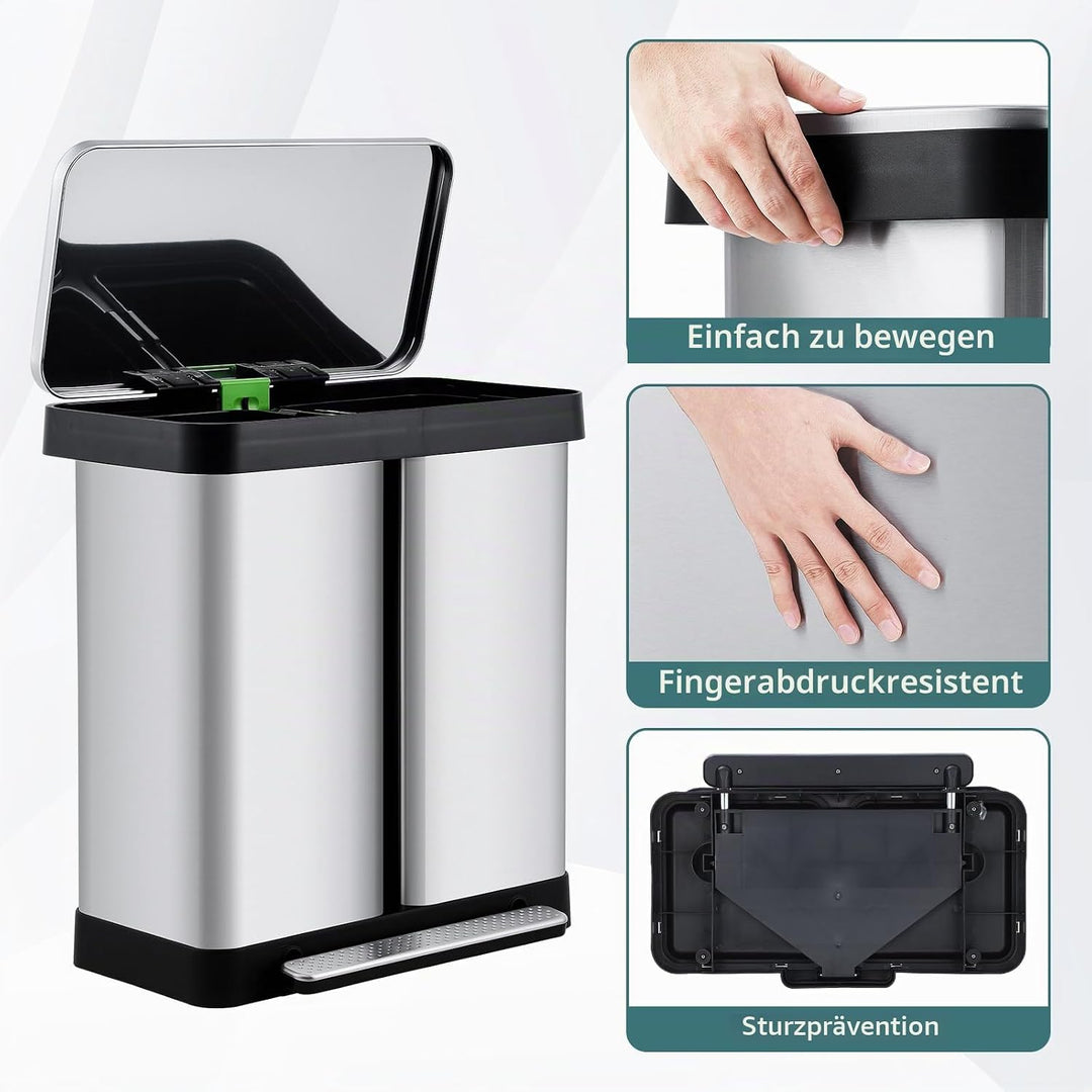 Mülleimer Küche,2 x 36 L Mülltrennsystem Edelstahl Mülleimer 2 fächer tretmülleimer Doppeldeckel mül