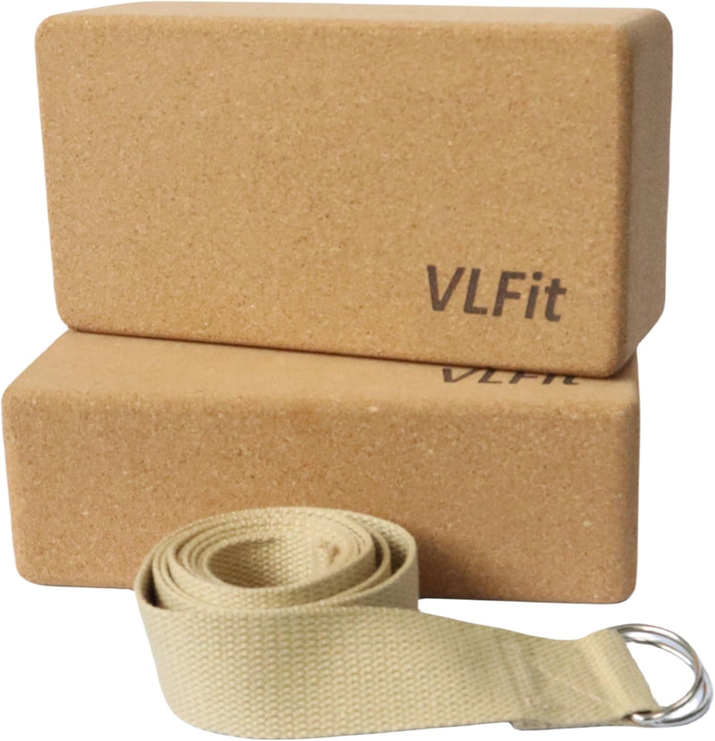 VLFit KORK Yogablock 2er Set - mit Yogagurt aus 100% Baumwolle - umweltfreundlicher Yogablock - ökol