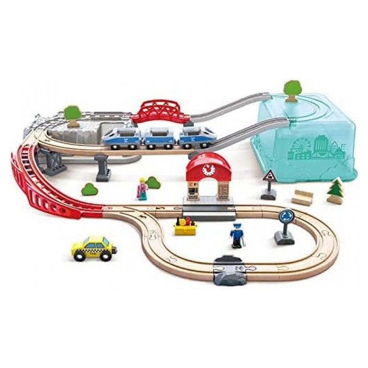 Hape Eisenbahnwelt Spielset mit Aufbewahrungsbox, 48 Teile, an 3 Jahren Stadtzug, Stadtzug