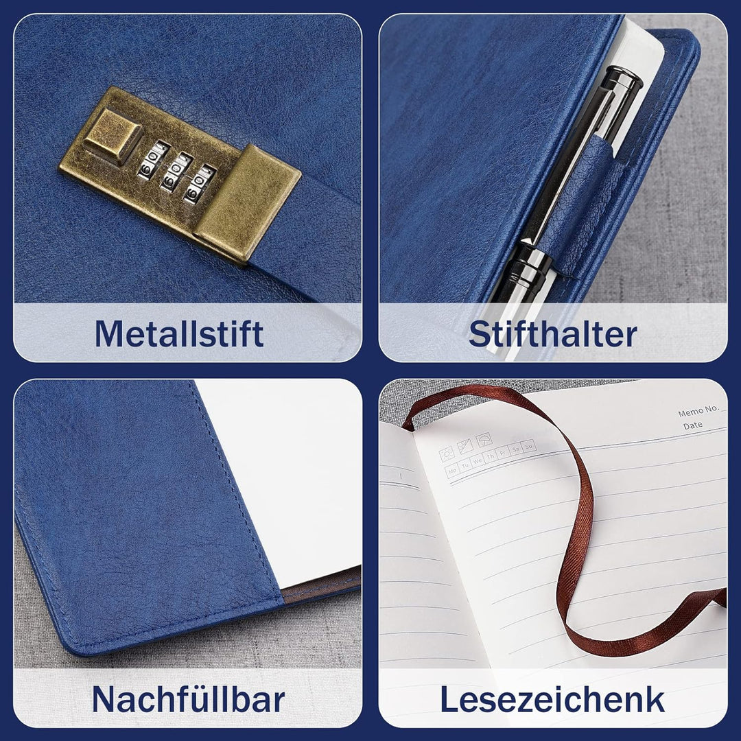 WEMATE Tagebuch mit Schloss, A5 PU Leder Journal mit Schloss 240 Seiten, Vintage Lock Journal mit St