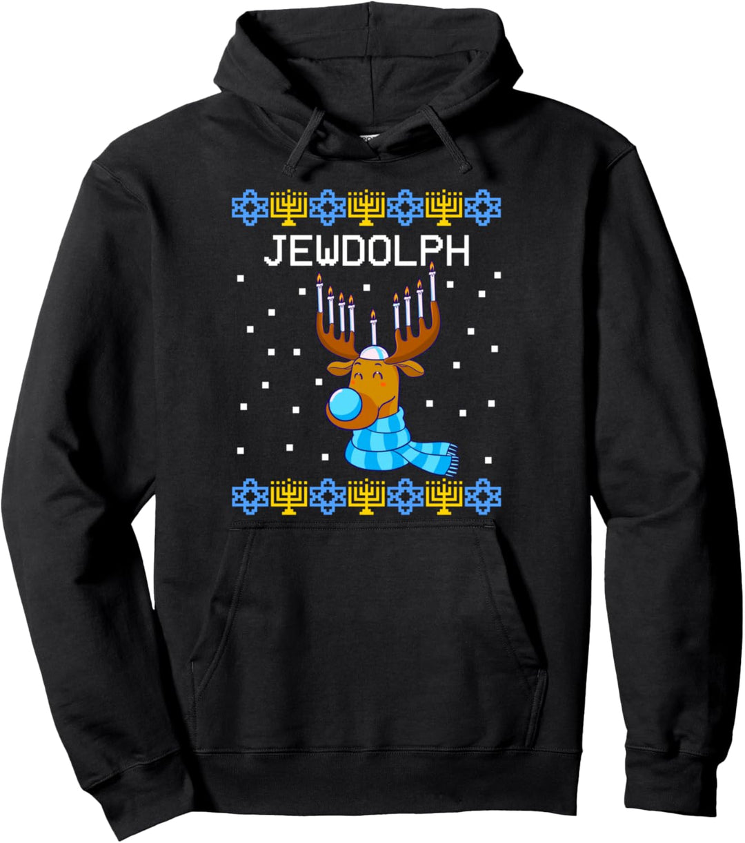 Jewdolph Ugly Chanukkah Pullover Rentier Menora Chanukah Pullover Hoodie