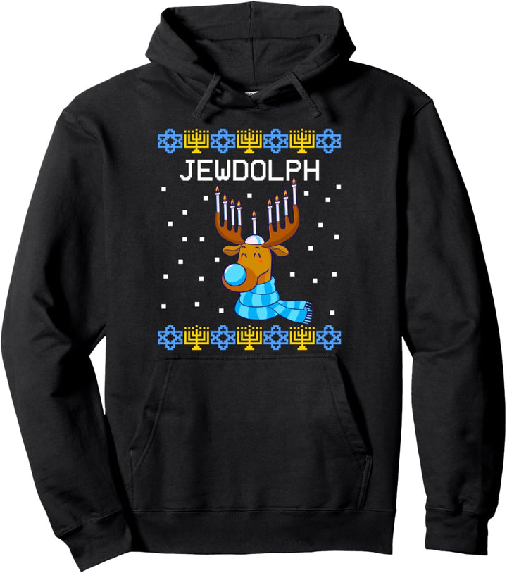 Jewdolph Ugly Chanukkah Pullover Rentier Menora Chanukah Pullover Hoodie